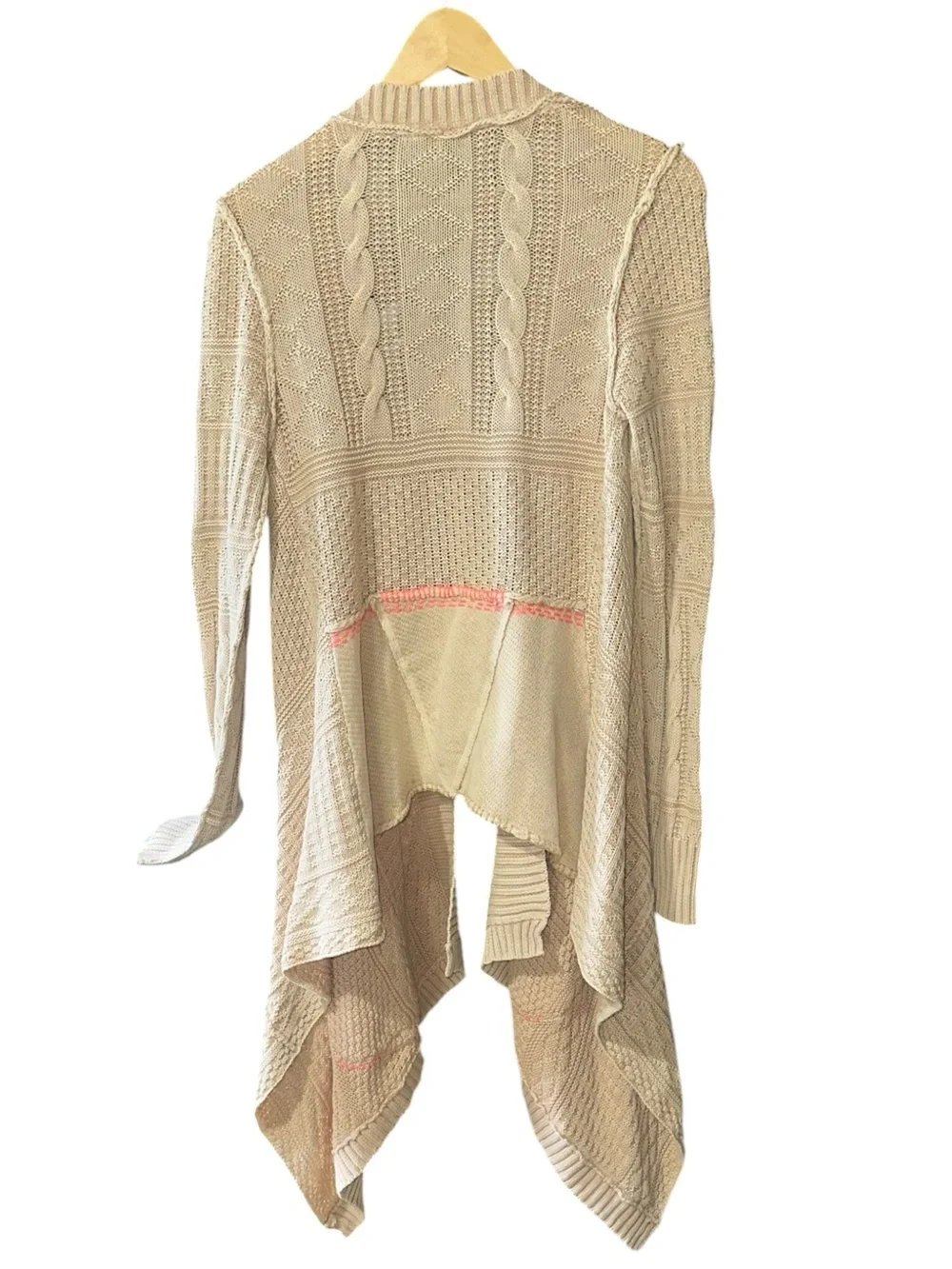Free People All Washed Out Sand Tan Cardigan Pink Stitching Detail Size S - Picture 5 of 12